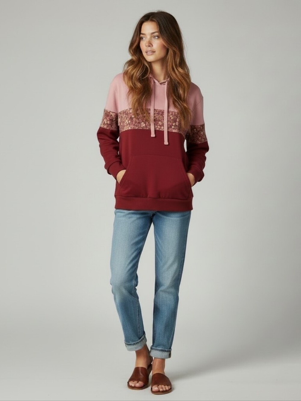Self Esteem Floral Color Block Boho Pink Hoodie, Super Soft & Cozy, EUC, 1X